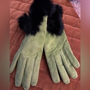 Green New with Tag Suede Gloves with Rabbit Fur Cuffs